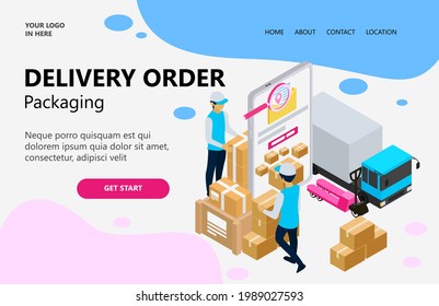 Delivery order packaging illustration, two men arranging delivery goods, isometric vector illustration design concept