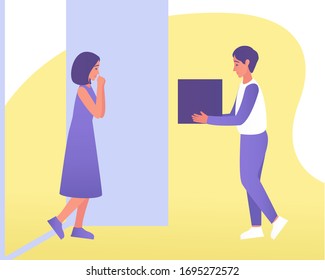 
Delivery of the order or parcel by courier to the apartment. Buying online with home delivery. Food delivery. Post box. Flat vector illustration.