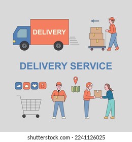Delivery order process character and icon set. Customer and Delivery Worker. Flat design style minimal vector illustration.