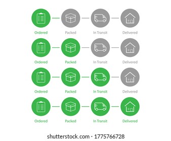 Delivery order status. Shipping process steps in green color. Shipment tracking map. Set of parcel infographic. Ordered, packed, in transit and delivered status. Isolated delivery status. EPS 10