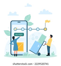 Delivery order steps presentation in mobile app vector illustration. Cartoon tiny people with cart full of boxes monitor horizontal delivering status in infographic timeline on smartphone screen