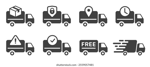 Delivery order truck icons set vector simple graphic, shop store postal services cargo freight courier package transportation sign symbols, logistics insurance van car pictogram silhouette image