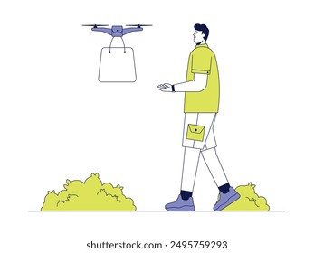 Delivery of ordered goods by a man using a drone, vector illustration.