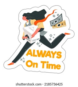 Delivery of ordered products, always on time. Shipment of meal, food transportation. Courier with order in carton box, pay money for restaurant or cafe quick service. Vector in flat style illustration