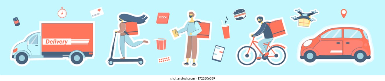 Delivery of orders during quarantine, stickers.  Couriers deliver orders around the city by electric scooter, bicycle, car, on foot. The drone is respectable with the package.
