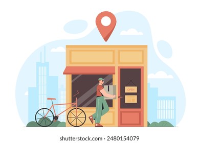 Entrega de pedidos desde tienda. Mensajero con paquete cerca de mercado o tienda. Comida para llevar y comida rápida. Comercio Electrónica y compras en línea, logística. Ilustración vectorial plana de dibujos animados
