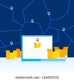 Delivery orders and tracking cargo on a laptop. Laptop and boxes on the background of a city map. Modern flat design vector illustration.