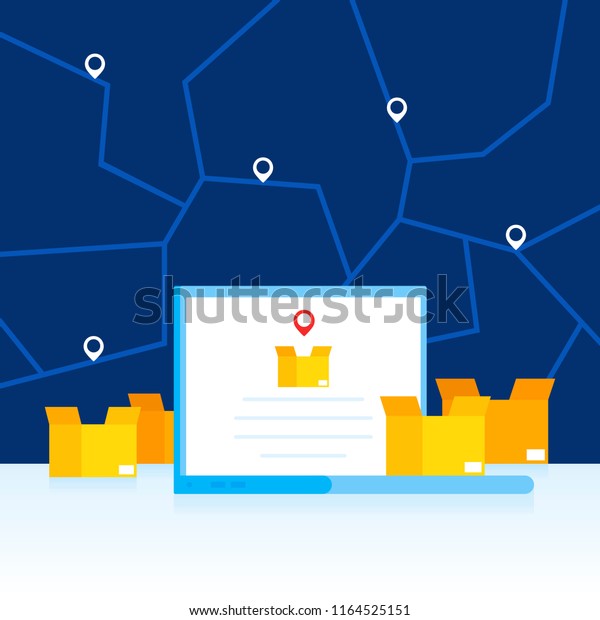 Delivery orders and tracking cargo on a\
laptop. Laptop and boxes on the background of a city map. Modern\
flat design vector\
illustration.