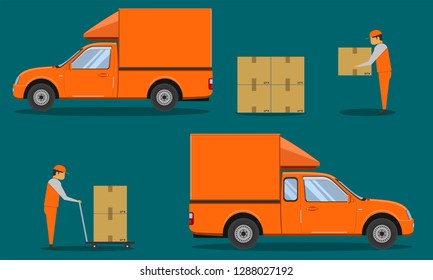 Delivery Organge Pickup Cab Car With Man Hole The Box Case Crate Packing Vector Illustration Eps10