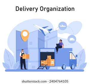 Delivery Organization concept. Efficient global logistics and distribution with a focus on rapid transportation, portrayed through multi-modal freight solutions. Flat vector illustration