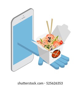 Delivery over the phone. Asian Food. Noodles wok. Vector isometric