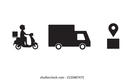 Delivery pack symbol motorbike icon, box car and location icon, Isolated on white background, Vector illustration 