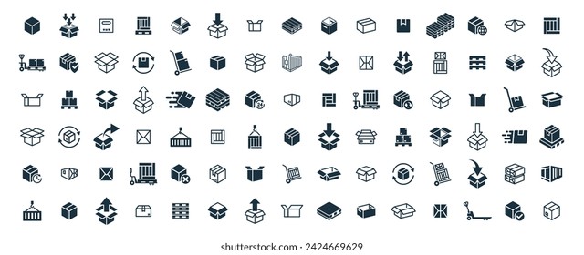 Delivery package 100 icons big set on white background. online delivery service business. Parcel container, packaging boxes, web design for applications.
