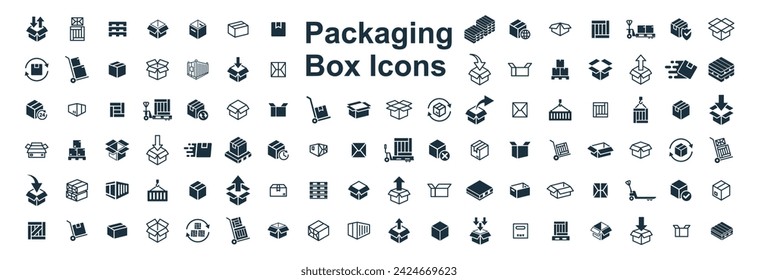 Delivery package 100 icons set on white background. online delivery service business. Parcel container, packaging boxes, web design for applications.