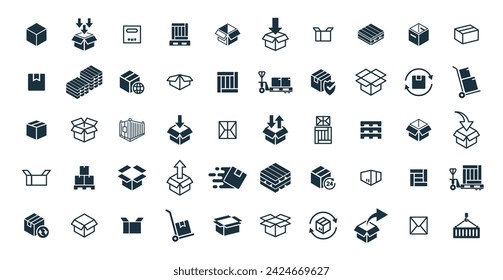 Delivery package 50 icons set on white background. online delivery service business. Parcel container, packaging boxes, web design for applications.
