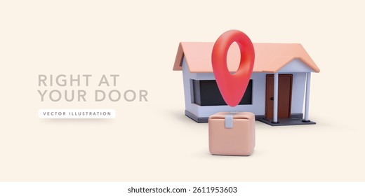 Delivery Package Arriving At Home With Location Pin Symbolizing Accurate And Fast Shipping. Minimal Style For Logistics, E-Commerce, Or Courier Concepts. Vector Illustration.