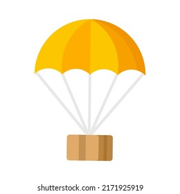 Delivery package box concept on parachute flying vector icon isolated or fast shipping international parcel by air mail postal flat, humanitarian assist aid help pack airdrop, export shop courier
