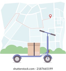 Delivery. Package. Delivery By Kick Scooter. Transporting A Parcel On A Kick Scooter