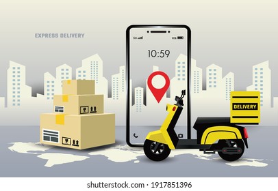 Delivery package by Motorcycle on a mobile phone. The location pinpoint is on the smartphone. Design for illustration Transportation, banner, background, website, app. boxes placed on the floor.