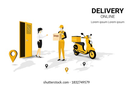 Delivery package by scooter on mobile. Courier man holding Parcel Box with woman received a parcel.  concept of web page design for website, banner and mobile website. Perspective Vector illustration