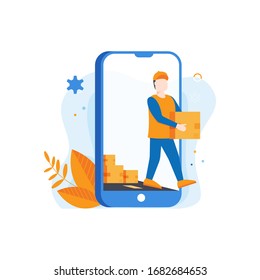 Delivery package Concept of E-commerce Online. Courier man coming from smartphone for delivering package. Vector Illustration for Web Page, mobile app, banner etc.