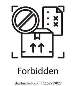 
Delivery package with crossed box papers and forbidden symbol, icon for forbidden delivery 
