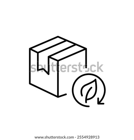 Delivery package and green leaf in recycling arrow. Sustainable design and responsible consumption. Eco-friendly shipping. Pixel perfect vector icon