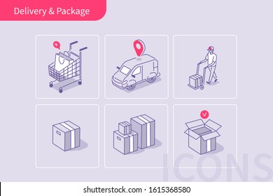 Delivery and Package Icons Set. Shopping Trolley, Shipping Truck, Courier and Parcel Box Elements.Online Delivery Signs Collection. Flat Line Cartoon Vector Illustration.