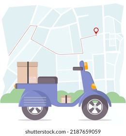 Entrega. Paquete. Entrega en una moto. Transporte de un paquete en una moto