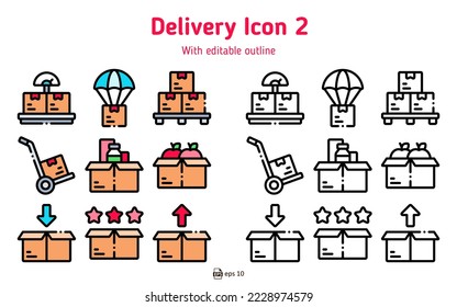 Lieferpaket oder Versandbox-Icon Satz 2 mit bearbeitbaren Umrissen und Farben gefüllt, geeignet für E-Commerce- und Versandlogistikindustrie oder Unternehmen