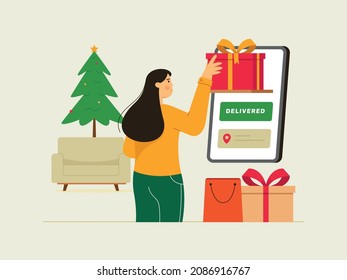 Ilustración de vectores de compra de paquetes de entrega.Reciba su regalo de navidad. Regalos de compras en línea. Feliz Navidad y felices fiestas . Compras en línea de mujeres de su ilustración de smartphone