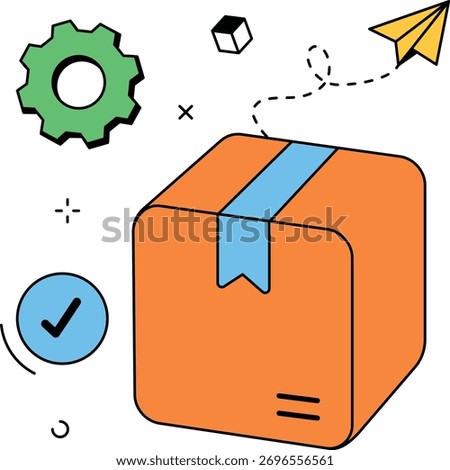 Delivery package showing completed order and shipping via a plane. Can be used for e-commerce order fulfillment, shipping services, and logistical solutions. isometric flat vector illustration.