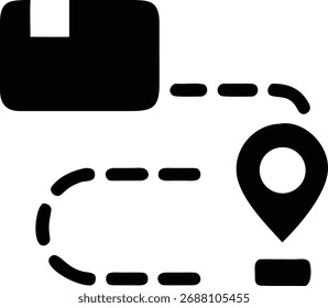 Delivery package tracking icon showing a box, a dotted line representing the route, and a location pin. Isolated on a white background, it symbolizes logistics and delivery.