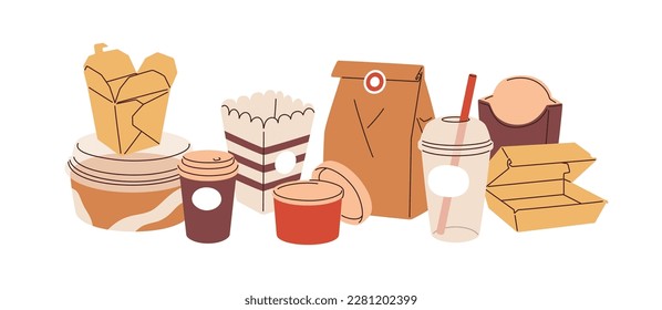 Delivery packages, cardboard boxes, containers, paper cups for takeaway food and drink. Different kind, type of carton packs for takeout snacks. Flat vector illustration isolated on white background