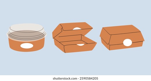 Delivery packages, cardboard boxes, containers for takeaway food. Food delivery packaging. Open and closed paper lunch box. Flat vector retro  illustration