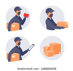 Delivery of packages during the epidemic. Boy worker in a cap, an uniform, medical gloves, mask covered face. Sickness prevention. Vector flat cartoon illustration.