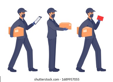 Delivery of packages during the epidemic. Boy worker in a cap, an uniform, medical gloves, mask covered face. Sickness prevention. Vector flat cartoon illustration.