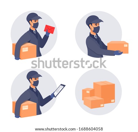 Delivery of packages during the epidemic. Boy worker in a cap, an uniform, medical gloves, mask covered face. Sickness prevention. Vector flat cartoon illustration.