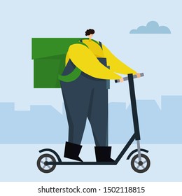 Delivery of packages and food flat vector illustration. Concept for shipping, food service. Courier riding a scooter with a backpack. Messenger man, delivery man, courier service template. 