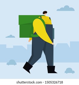 Delivery of packages and food flat vector illustration. Concept for shipping, food service. A messenger walks around the city with a backpack. Delivery man, courier service template.
