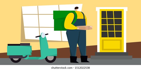 Delivery of packages and food flat vector illustration. Courier with package or food with scooter next to the building. Postman man, delivery man, shipping, food service courier service template.