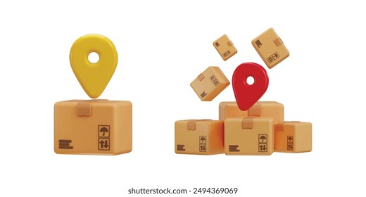 Delivery packages icon set with location pin icon 3d render concept of parcel pickup location icon vector illustration