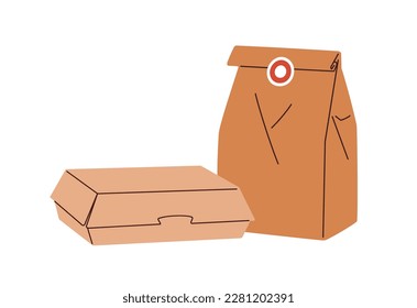 Delivery packages, kraft paper bag and cardboard box. Carton container for retail takeout cafe food, disposable brown pack for snack, lunch. Flat vector illustration isolated on white background