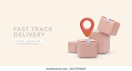 Delivery Packages With Location Pin Symbol. 3D Vector Concept For Fast Shipping, Tracking, E-Commerce, Logistics, And Courier Services. Minimal Soft Style. Vector Illustration.