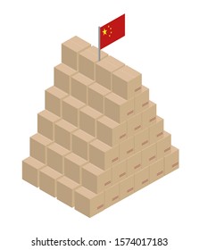 Delivery packaging brown box with china flag, vector illustration. Global Shipping and on line shopping concept. Package box with a flag of China.