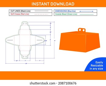 Delivery Packaging cake box with handle dieline template or die cut template and 3D vector file