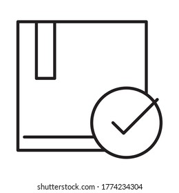delivery packaging, cardboard box check mark cargo distribution, logistic shipment of goods vector illustration line style icon