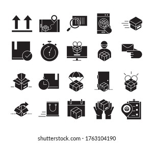 delivery packaging, cargo distribution, logistic shipment of goods icons set vector illustration line style design