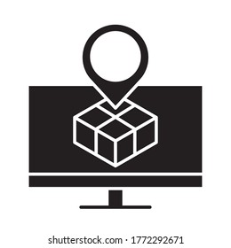 delivery packaging, computer location pointer app, cardboard box distribution, logistic shipment of goods vector illustration silhouette style icon