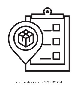 delivery packaging, logistics gps navigation pin cardboard box cargo distribution vector illustration line style icon